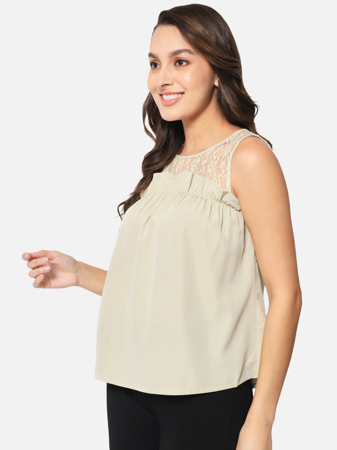 Beige Solid Sleeveless Top for Women