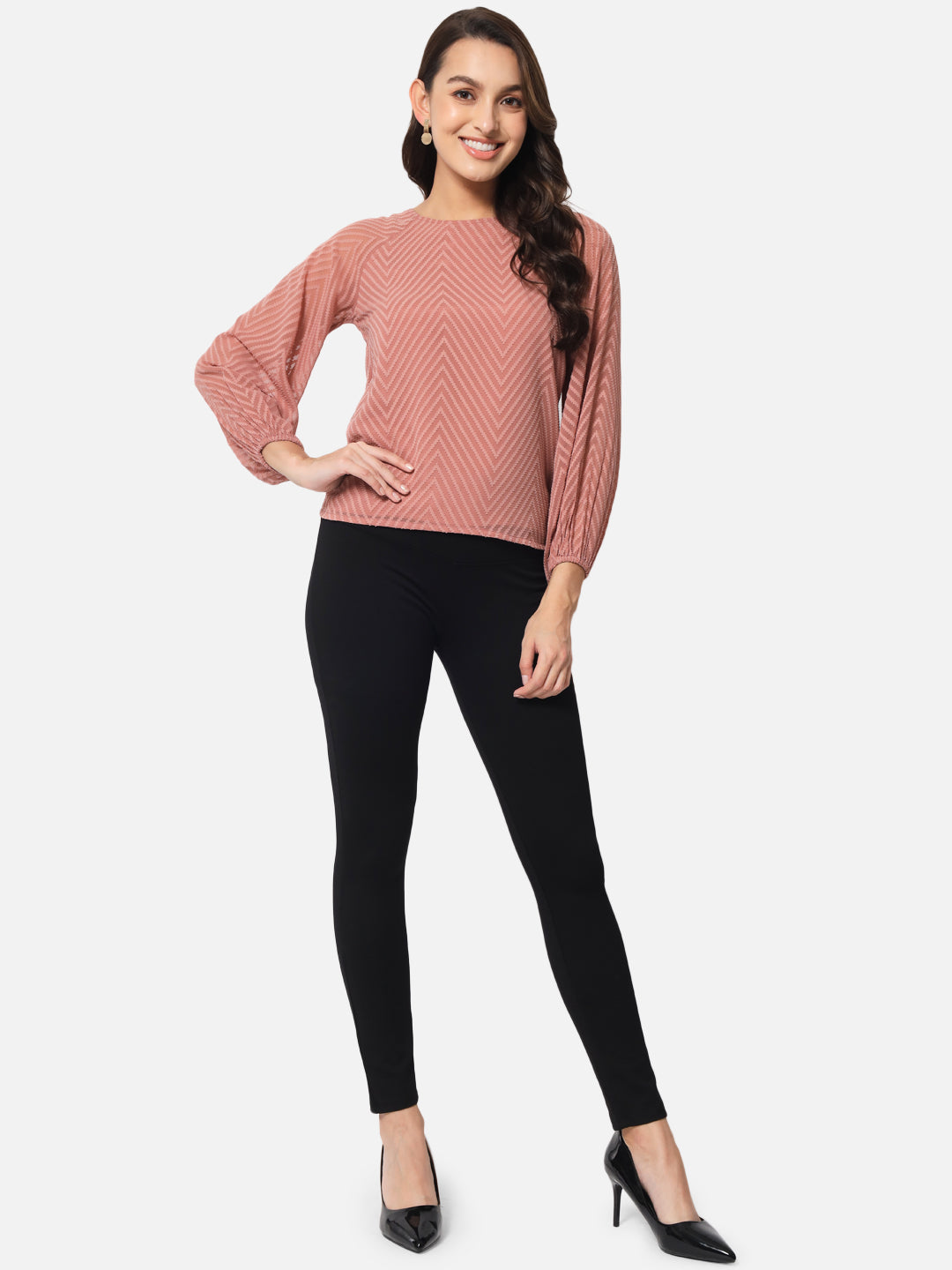 Brown Zig-Zag Round Neck Top for Women