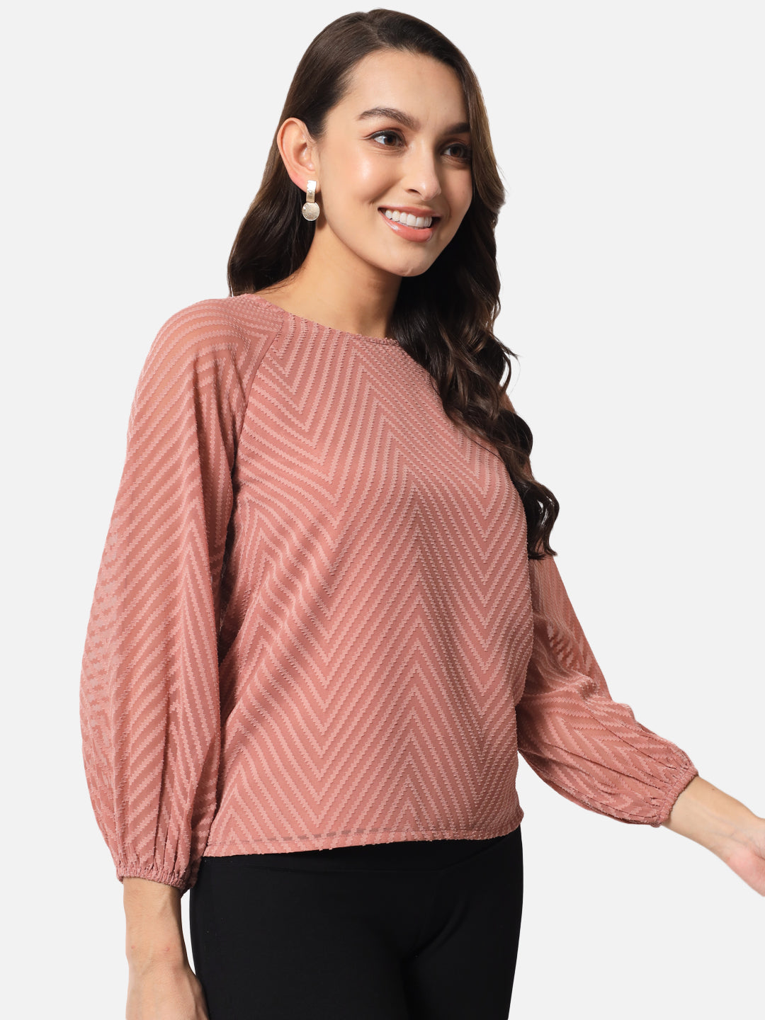 Brown Zig-Zag Round Neck Top for Women