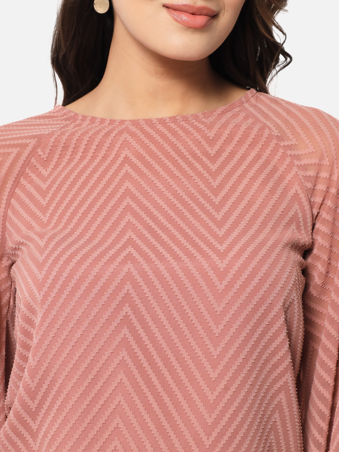 Brown Zig-Zag Round Neck Top for Women