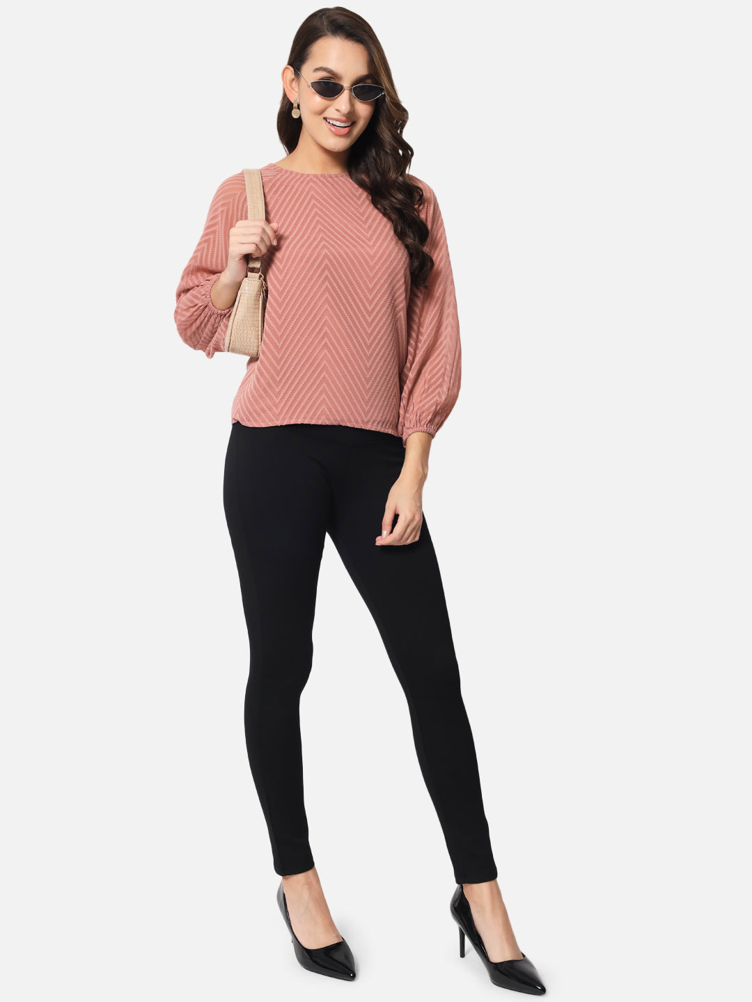 Brown Zig-Zag Round Neck Top for Women