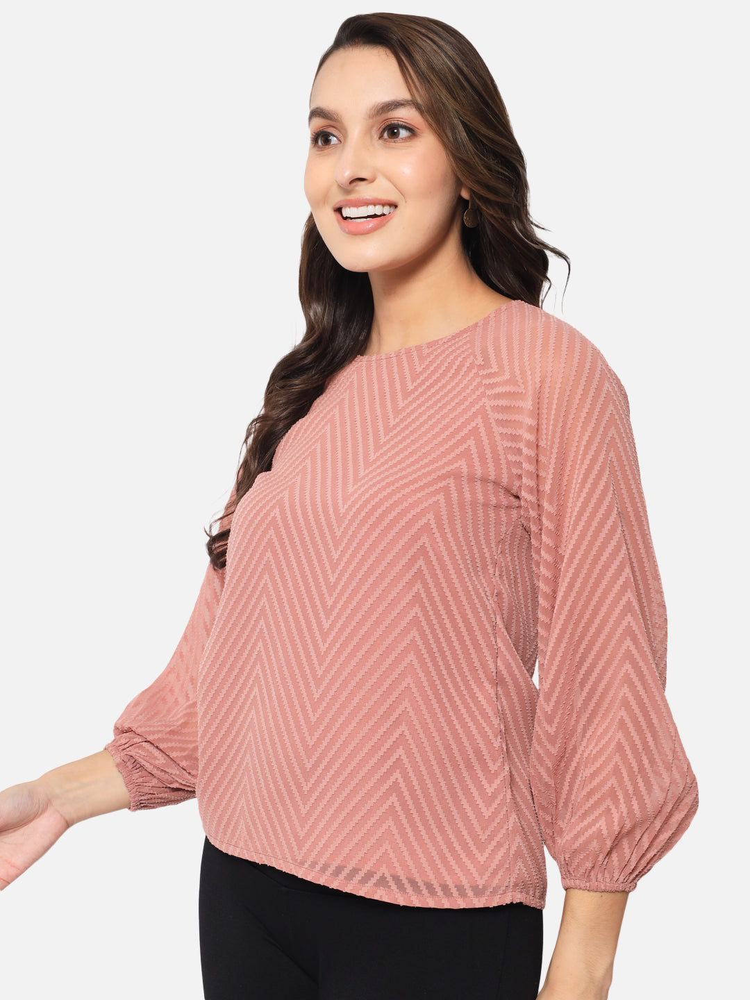 Brown Zig-Zag Round Neck Top for Women
