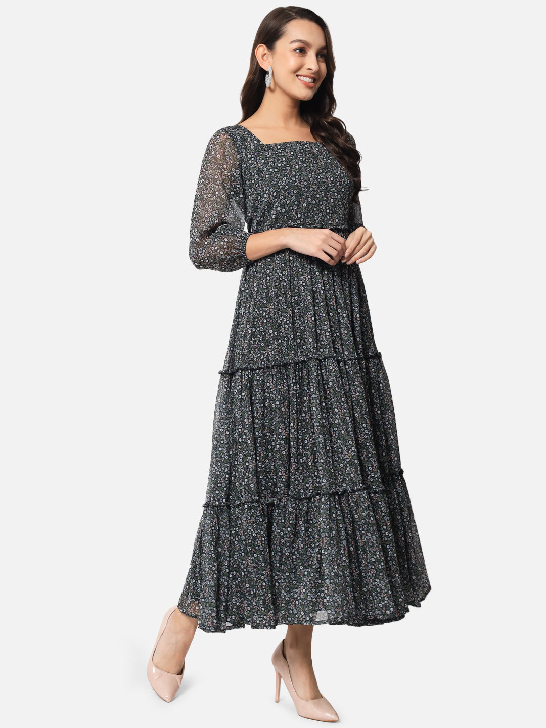 Floral Black Ankle Length Dress for Women