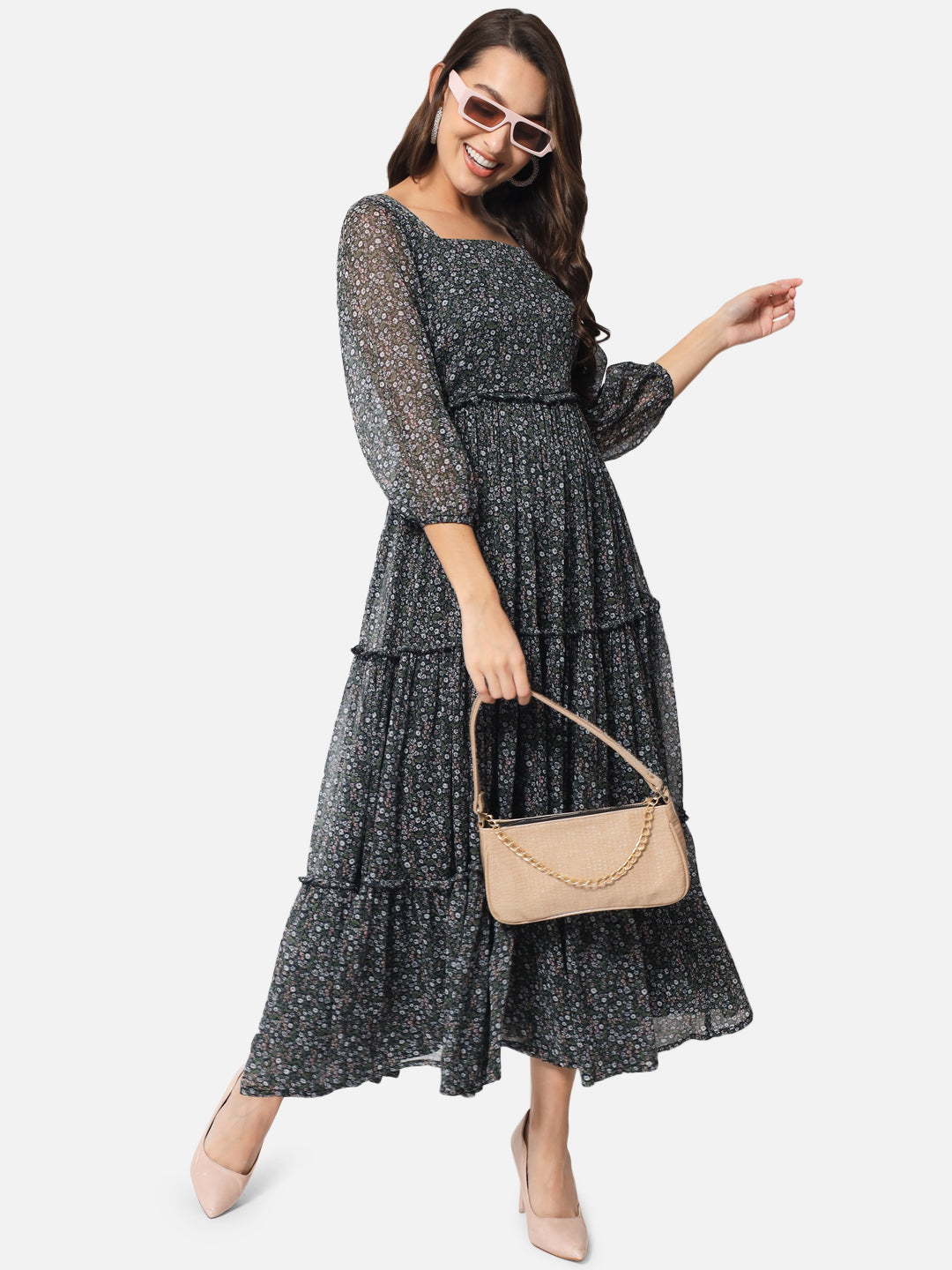 Floral Black Ankle Length Dress for Women