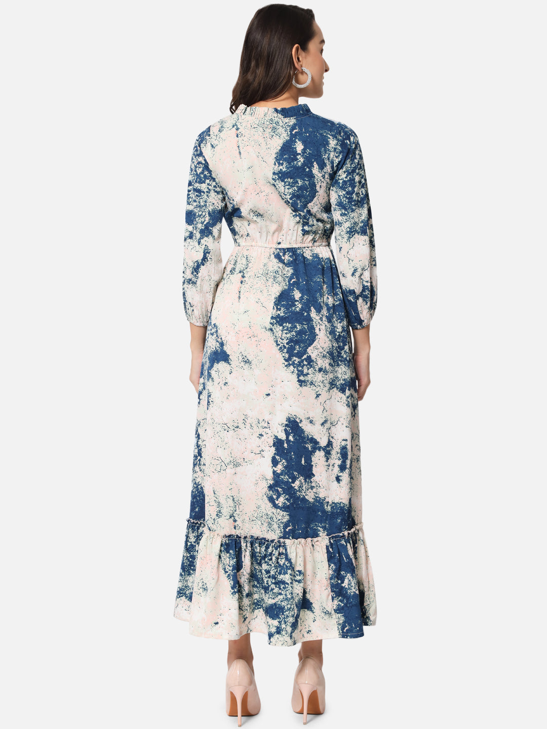 Cream Blue Tie-Dye Tie-up Neck Dress for Women