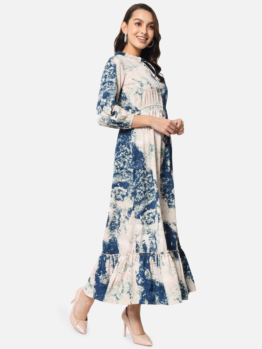 Cream Blue Tie-Dye Tie-up Neck Dress for Women
