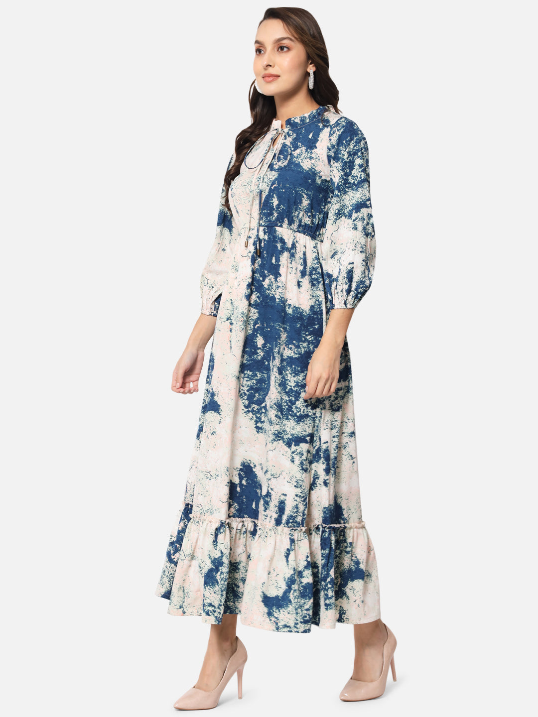 Cream Blue Tie-Dye Tie-up Neck Dress for Women