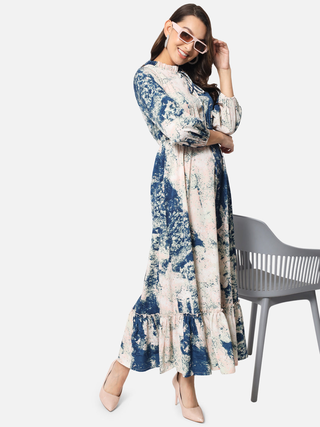 Cream Blue Tie-Dye Tie-up Neck Dress for Women