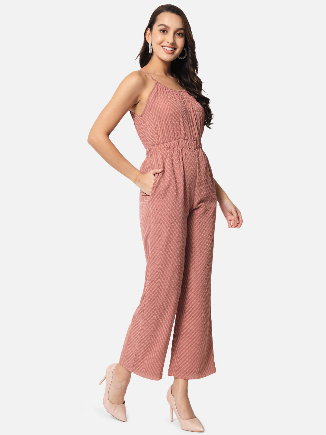 Zig-Zag Brown Sleeveless Jumpsuit for Women