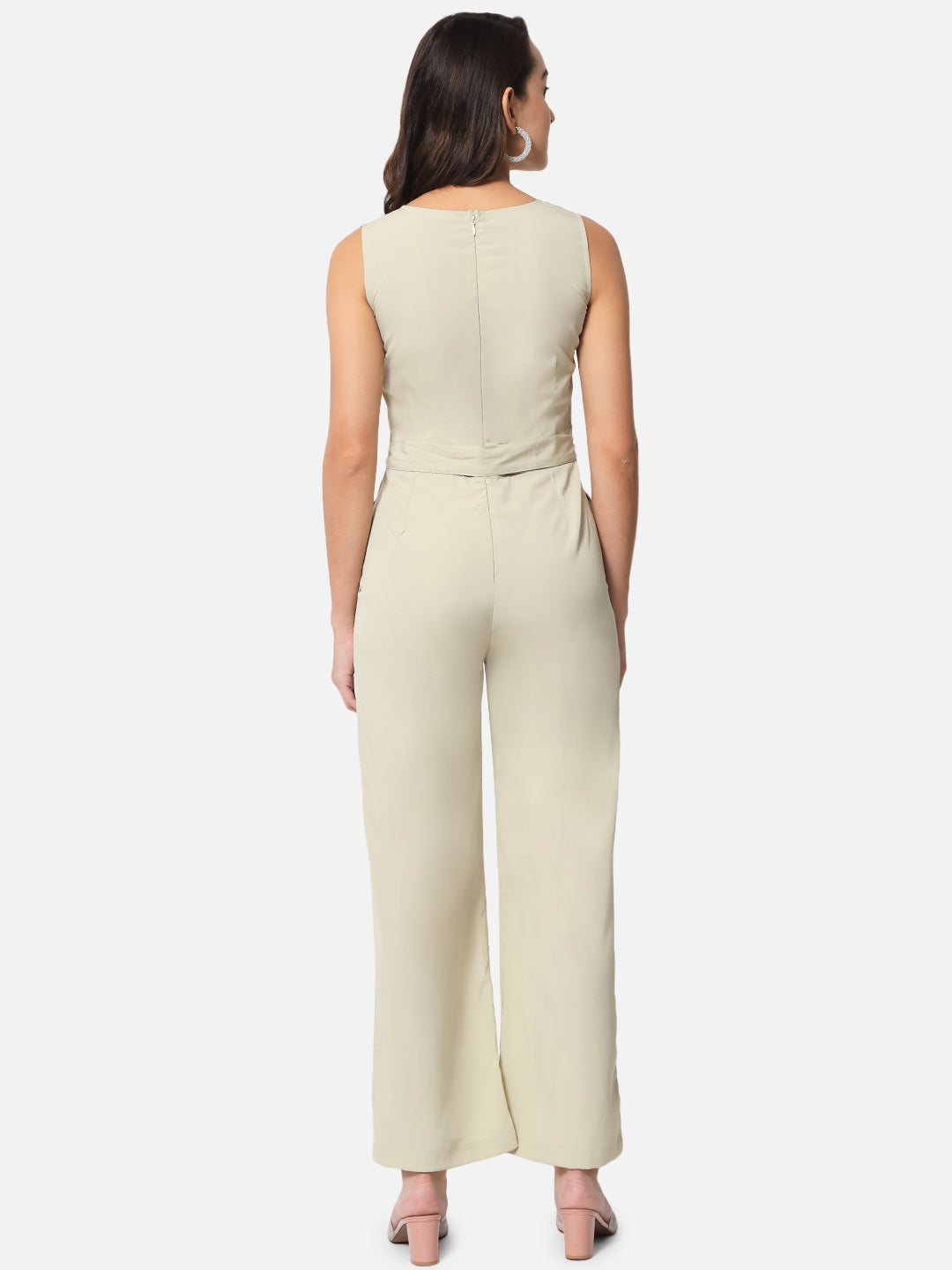 Solid Beige Sleeveless Jumpsuit for Women