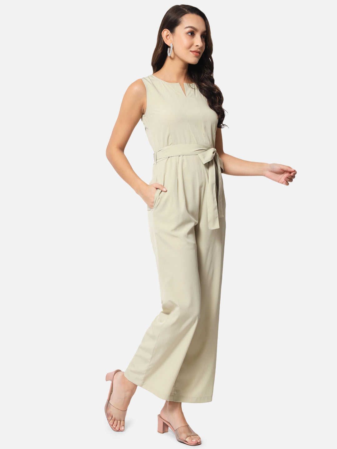 Solid Beige Sleeveless Jumpsuit for Women