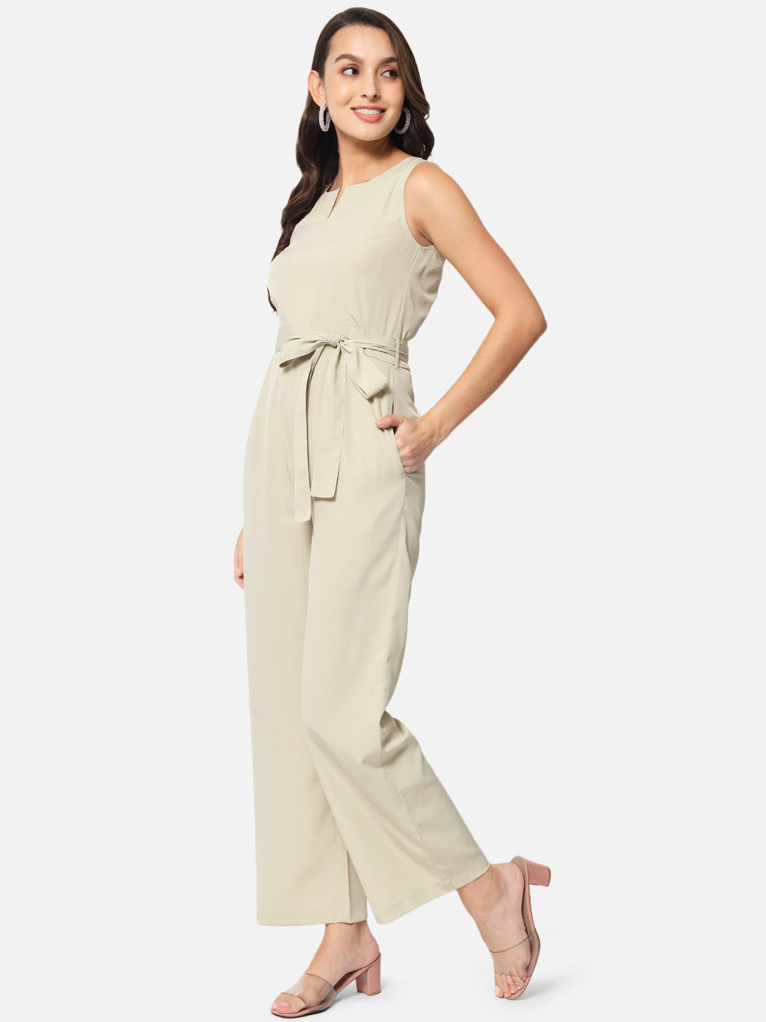 Solid Beige Sleeveless Jumpsuit for Women