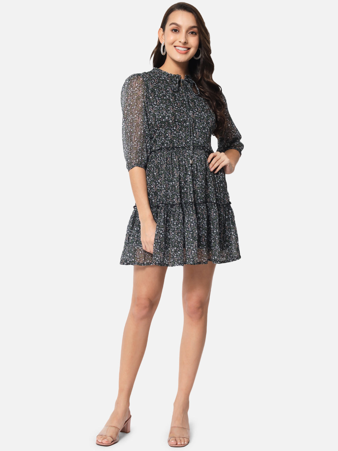 Floral Black Above knee Skater Dress for Women