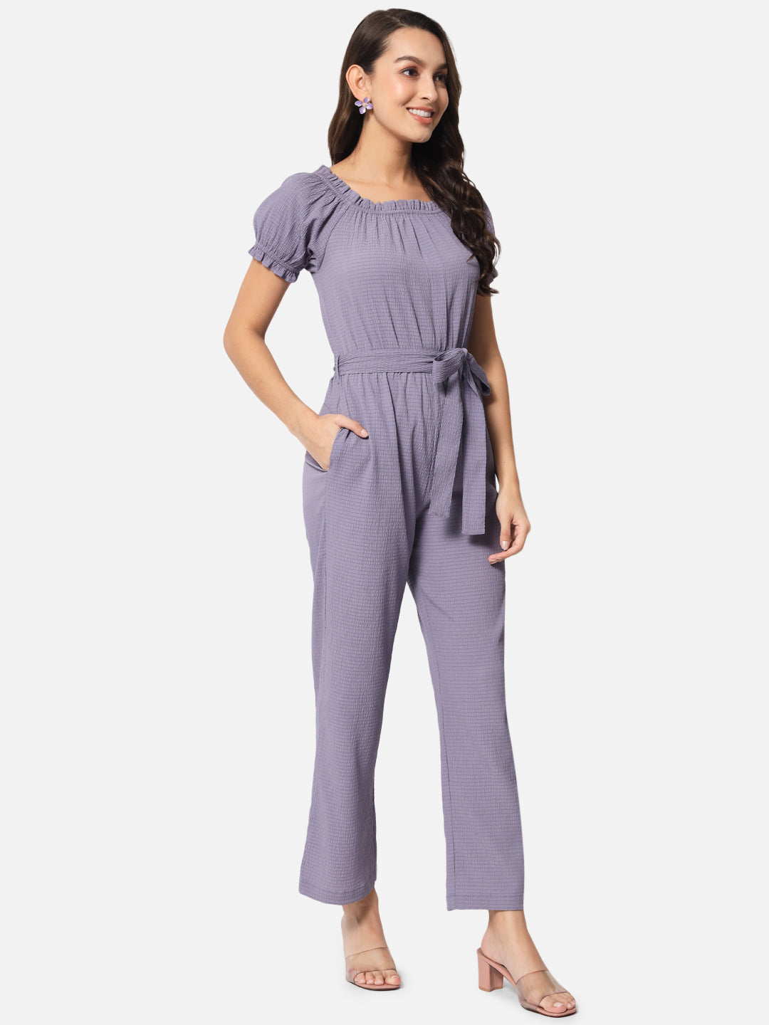 Solid Purple Half Sleeve Jumpsuit for Women