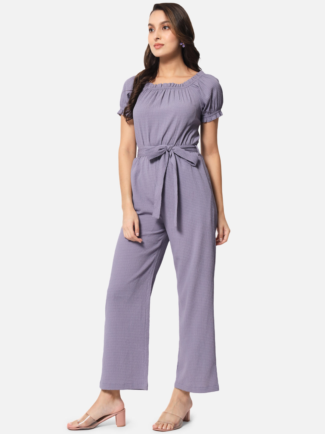 Solid Purple Half Sleeve Jumpsuit for Women