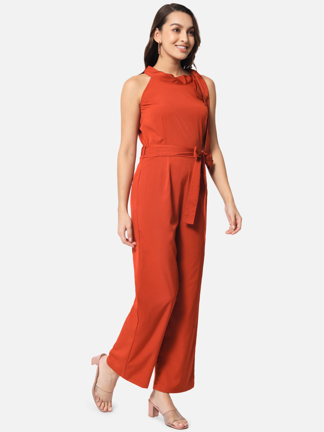 Solid Rust Sleeveless Jumpsuit for Women