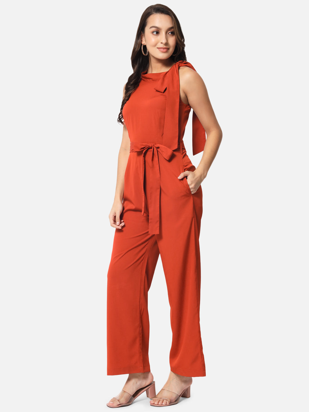 Solid Rust Sleeveless Jumpsuit for Women