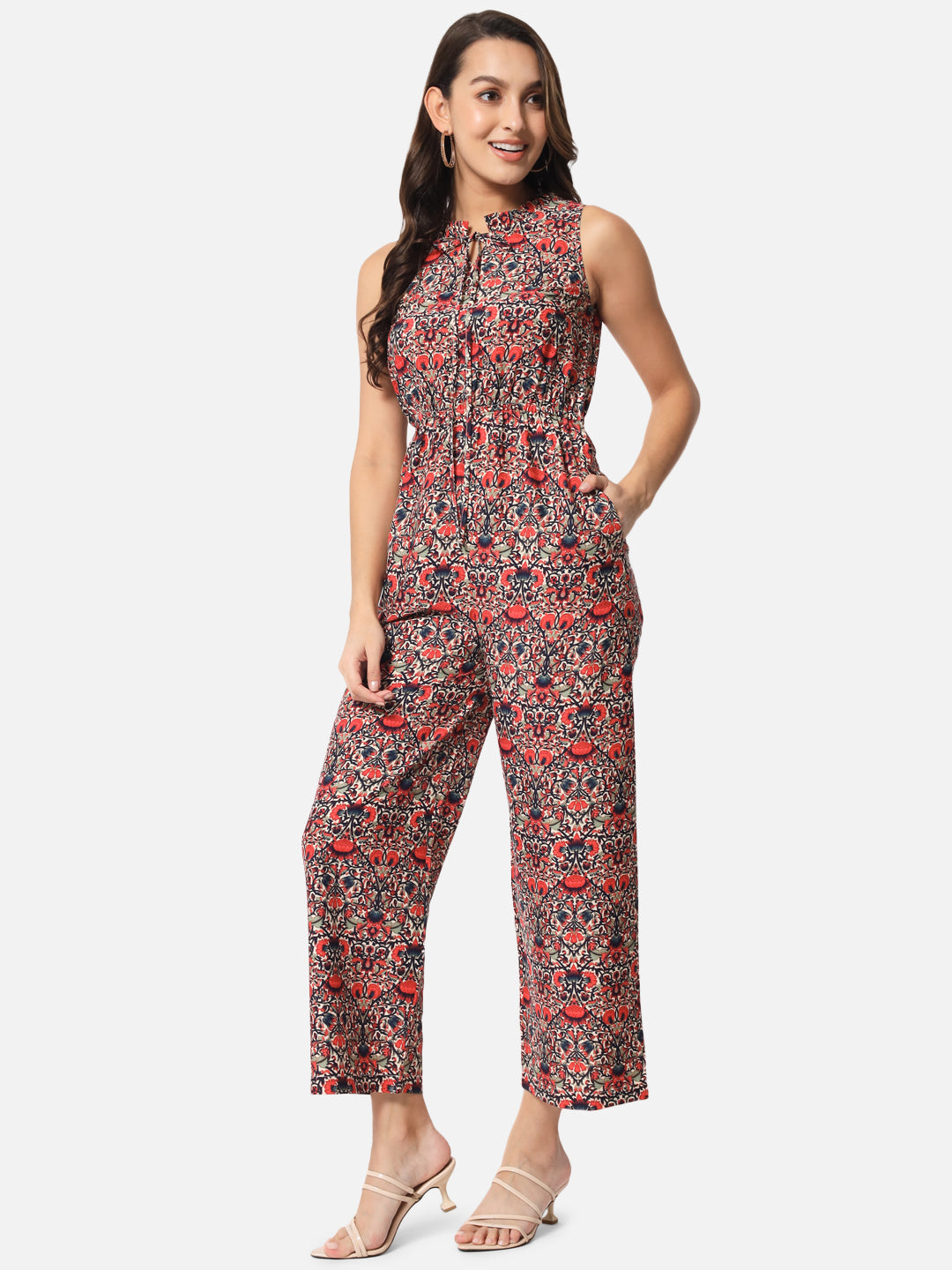 Floral Red Sleeveless Jumpsuit for Women