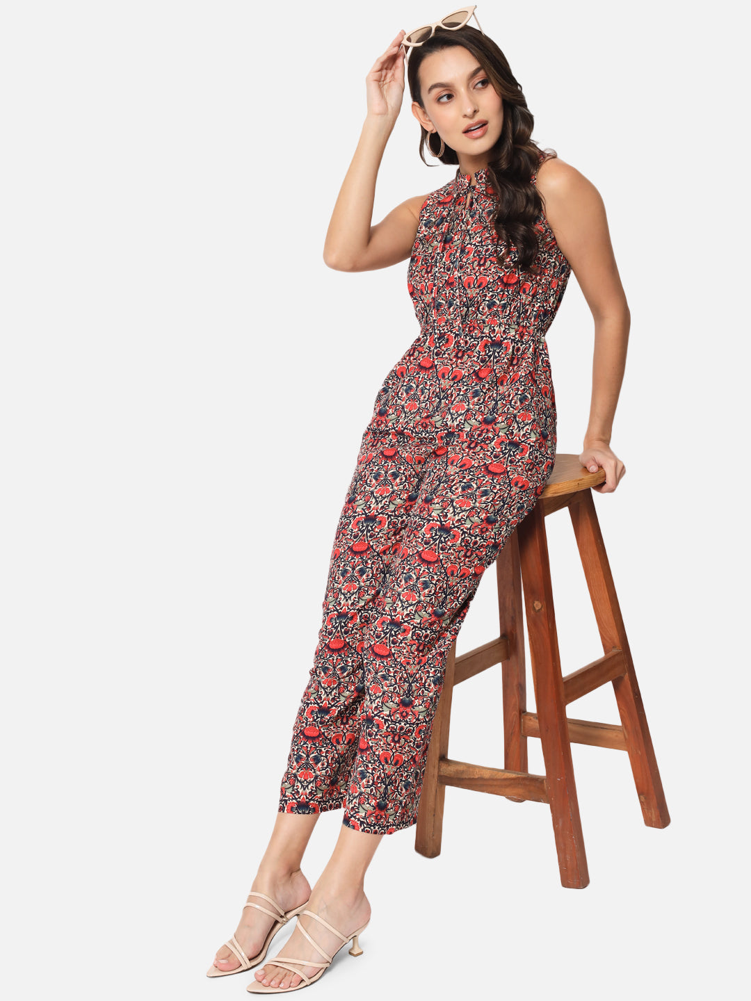 Floral Red Sleeveless Jumpsuit for Women