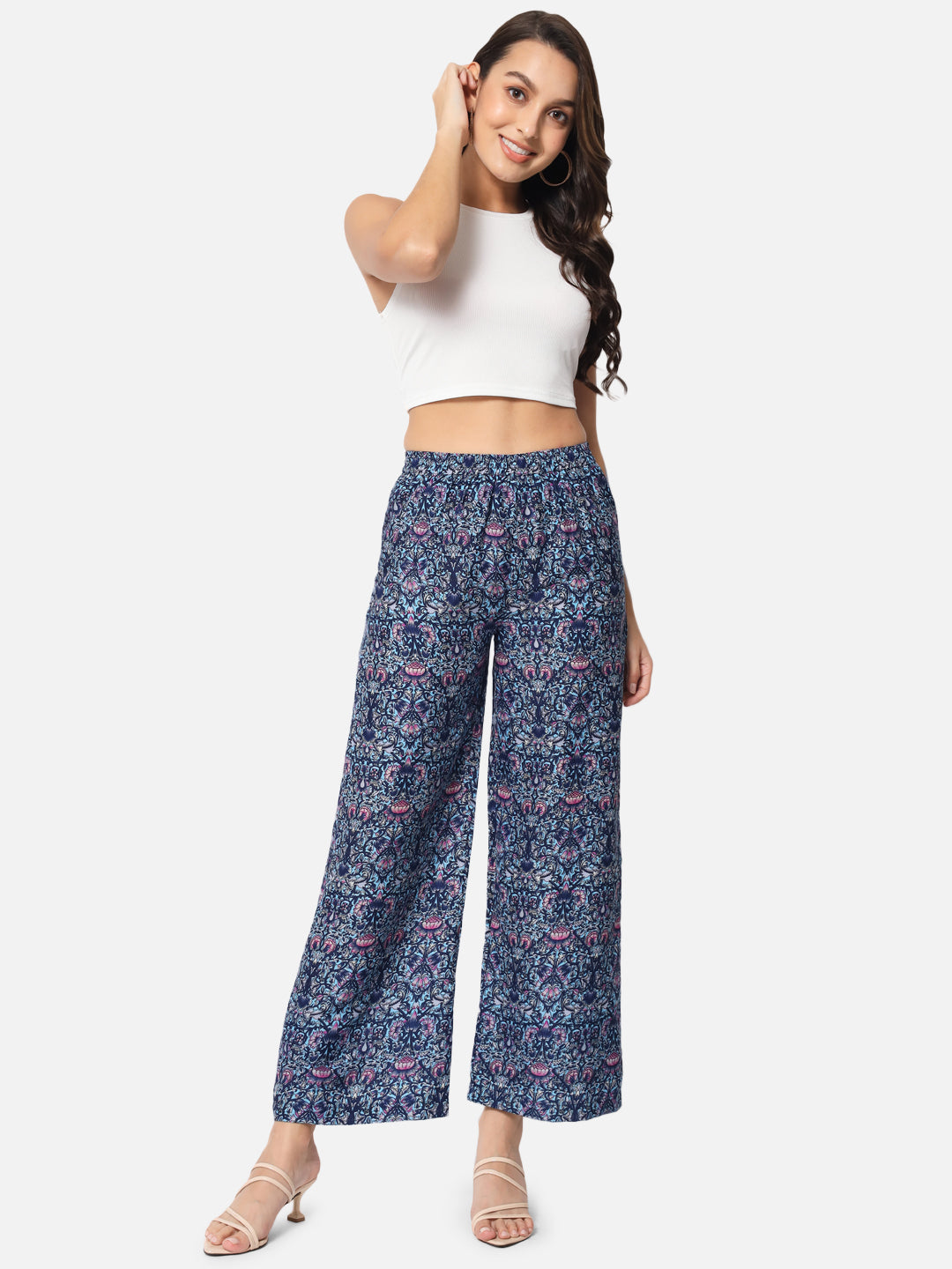 Blue Floral Regular Fit Straight Palazzo for Women