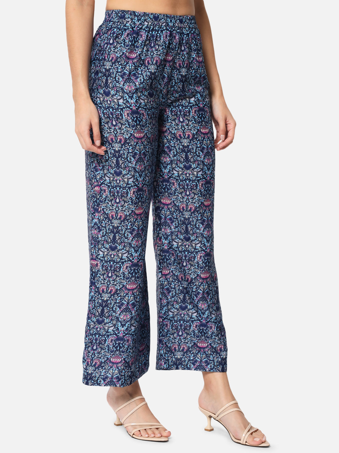 Blue Floral Regular Fit Straight Palazzo for Women