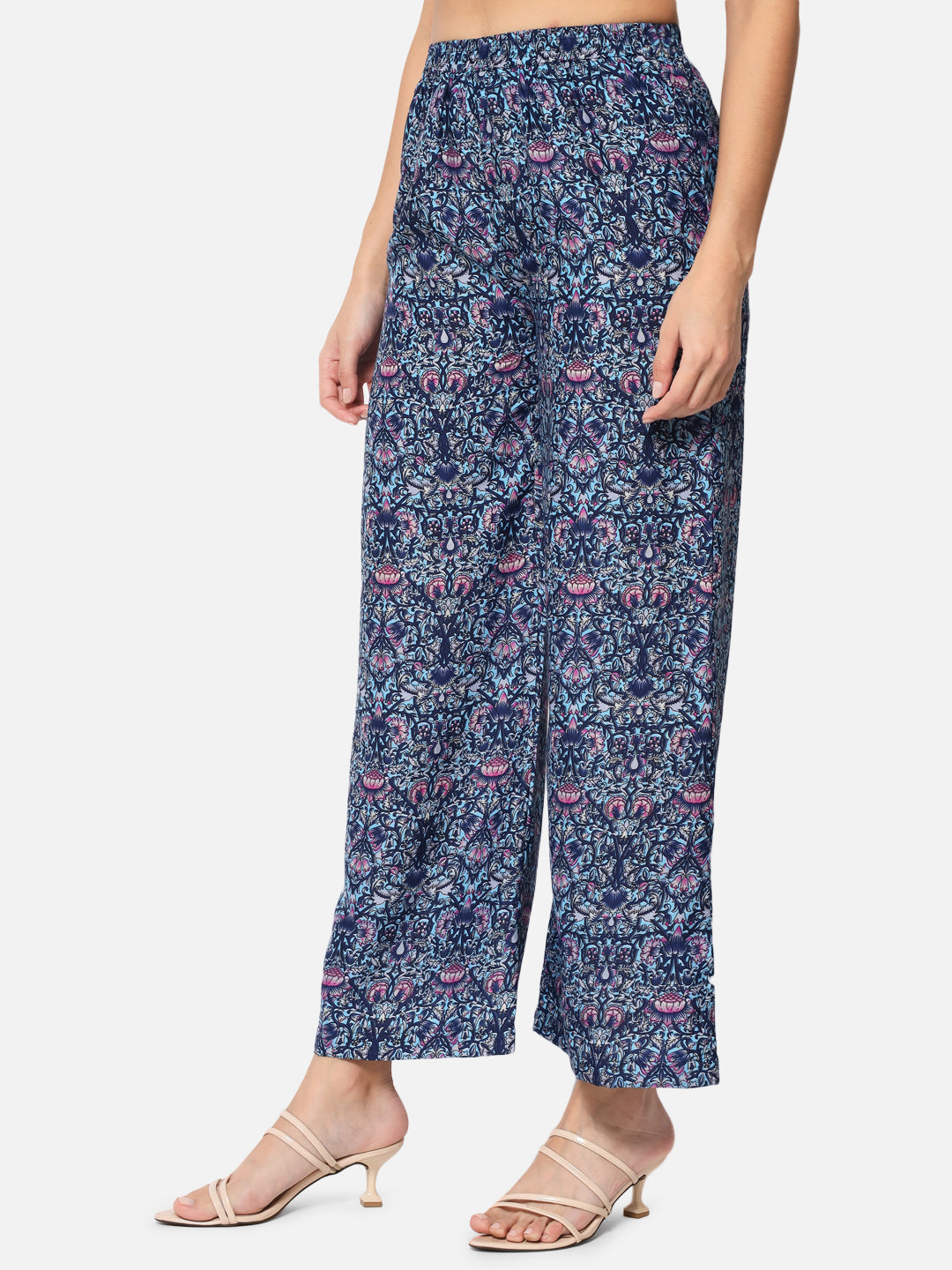 Blue Floral Regular Fit Straight Palazzo for Women