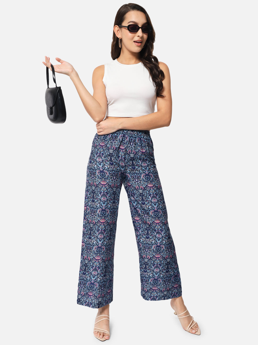 Blue Floral Regular Fit Straight Palazzo for Women