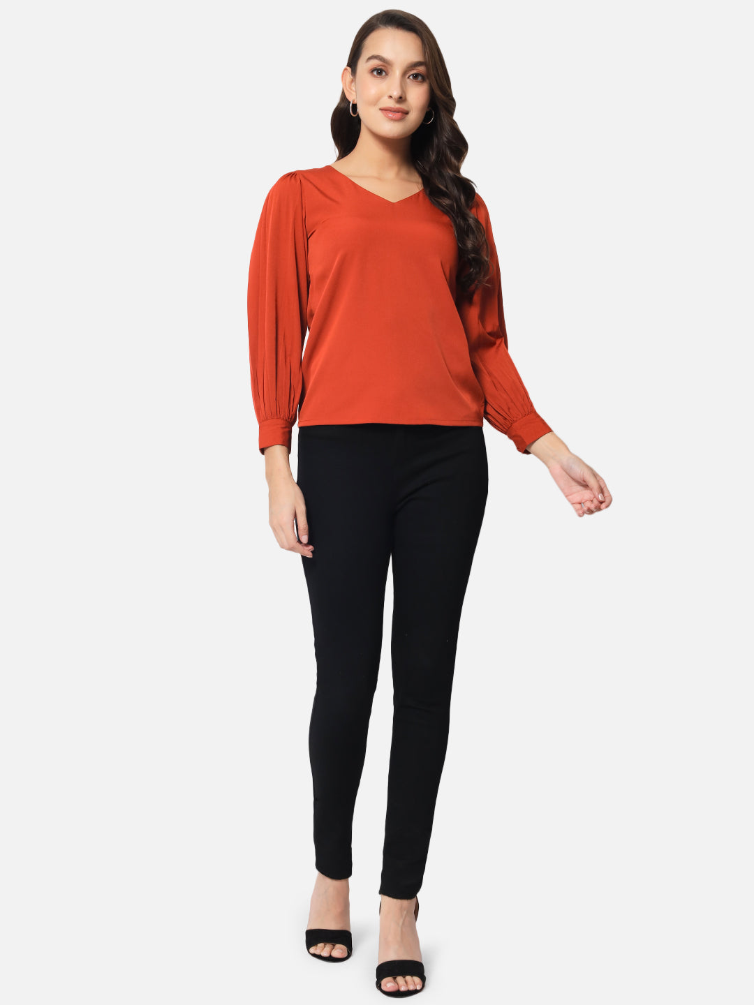 Solid Rust V-Neck Top for Women