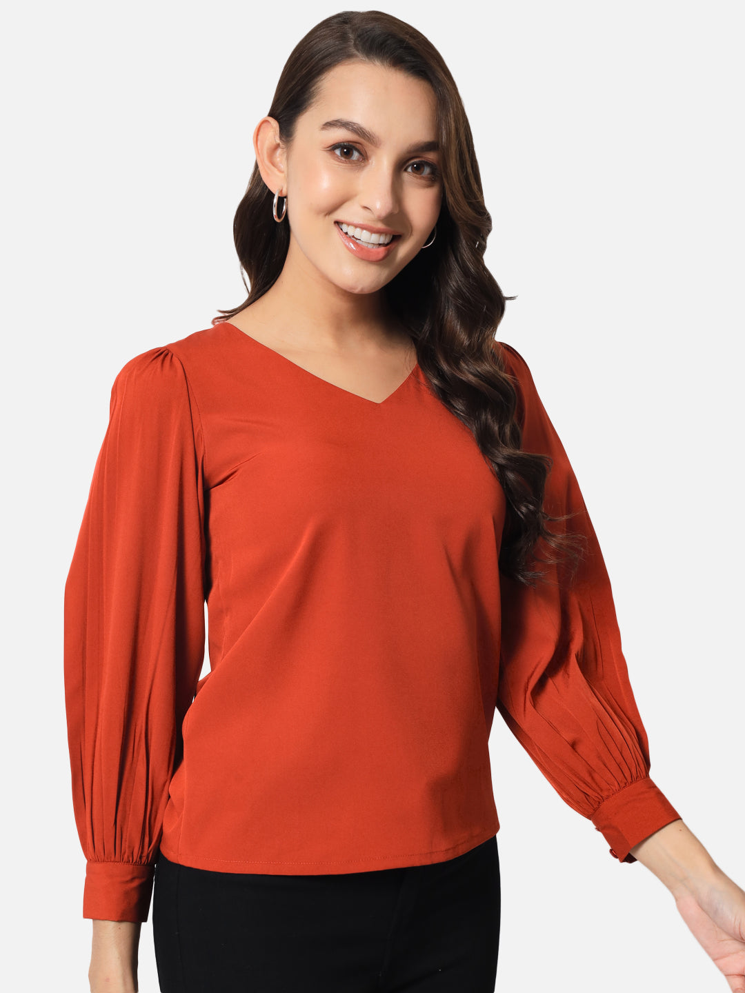 Solid Rust V-Neck Top for Women