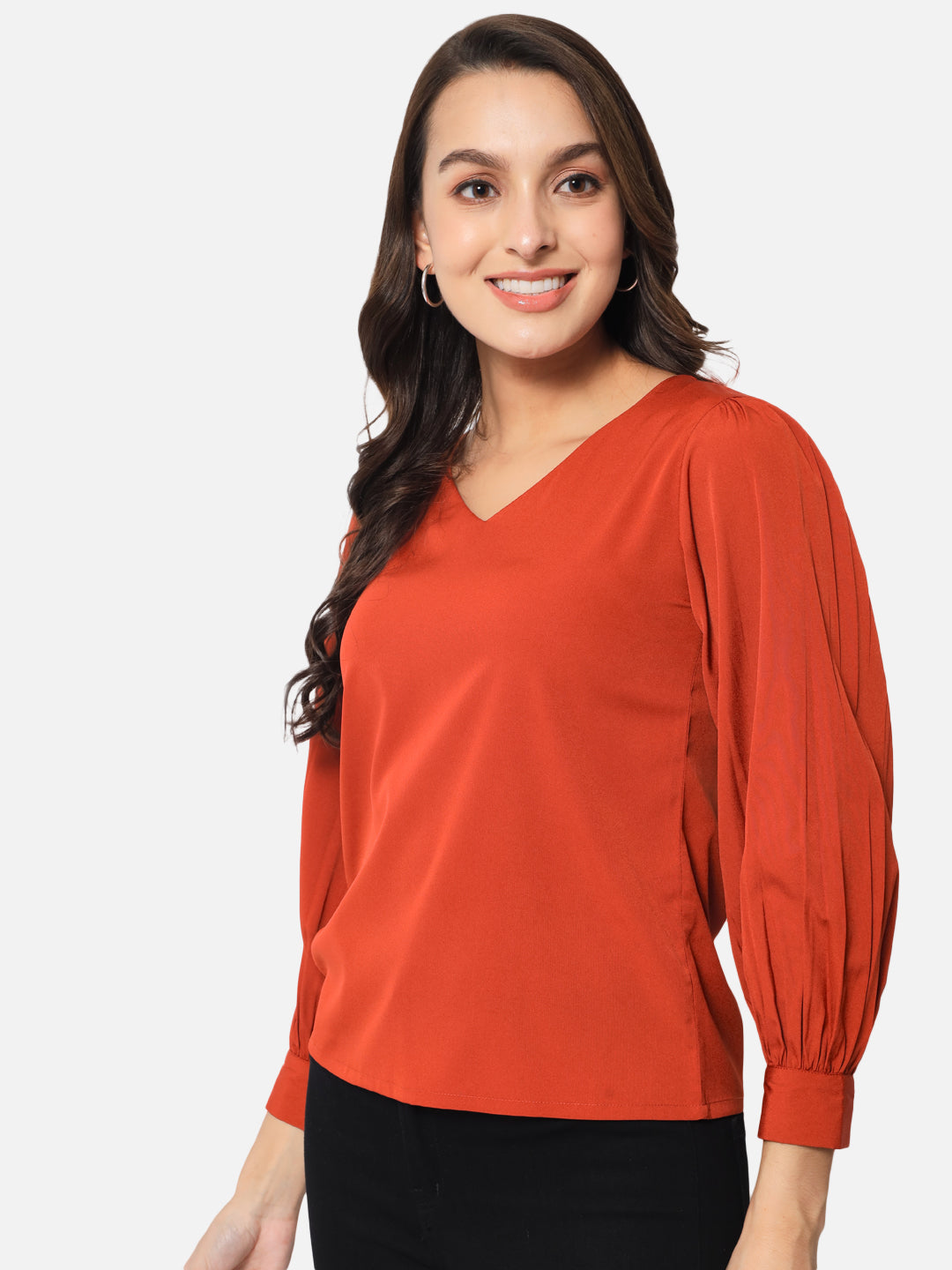 Solid Rust V-Neck Top for Women