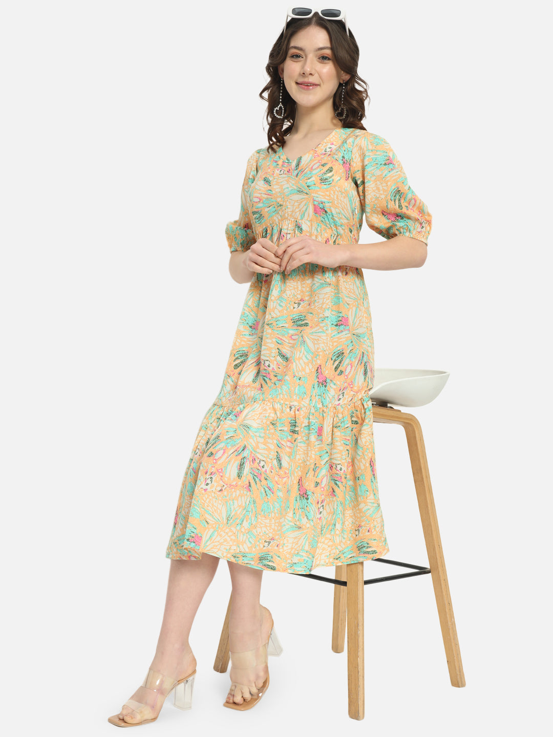 Multicolor Printed V-Neck Dress for Women