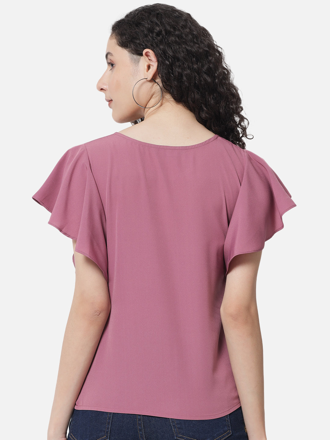 Pink Solid Frill Sleeve Top for Women