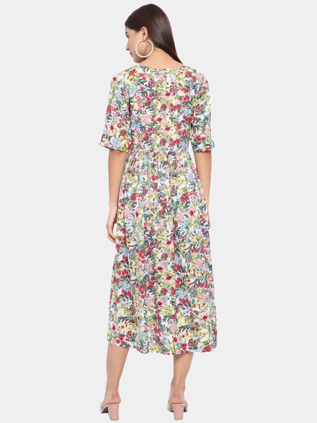 Multicolor Floral Round Neck Midi Dress for Women