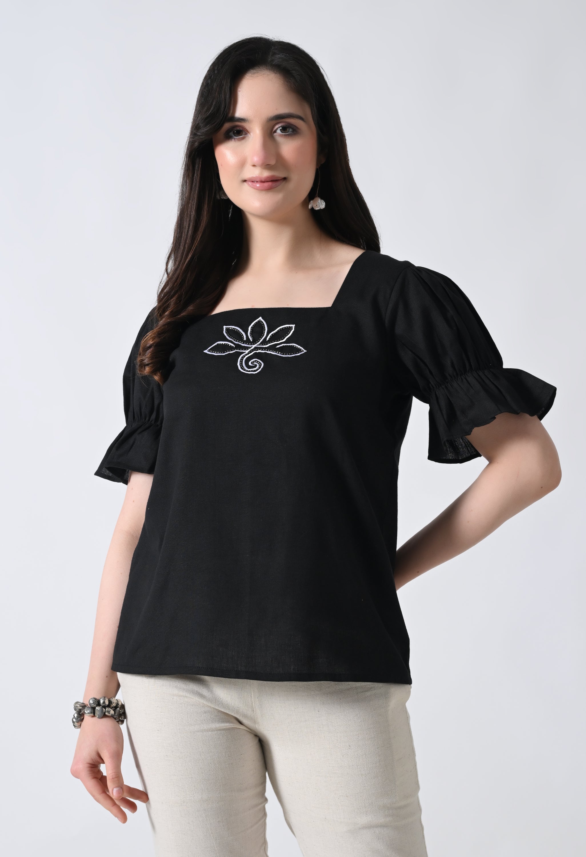 Black Embroidered Bell Sleeve Top for Women