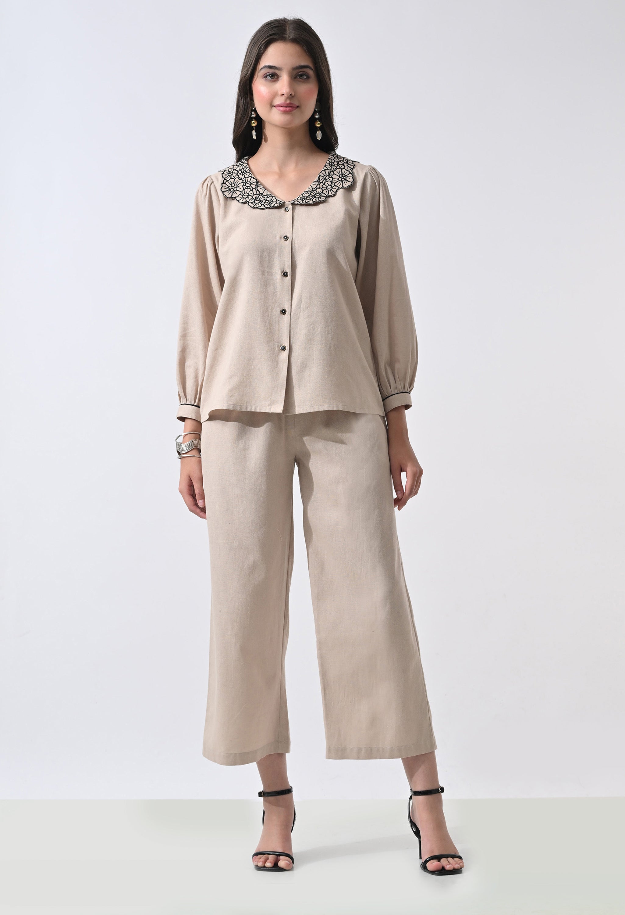 Women’s Beige Floral Embroidery Full Sleeve Top & Palazzo Co-Ord Set