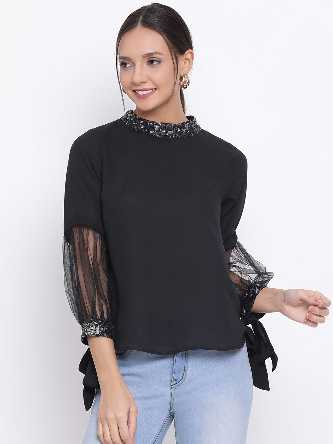 Black Embellished Neck Top for Women