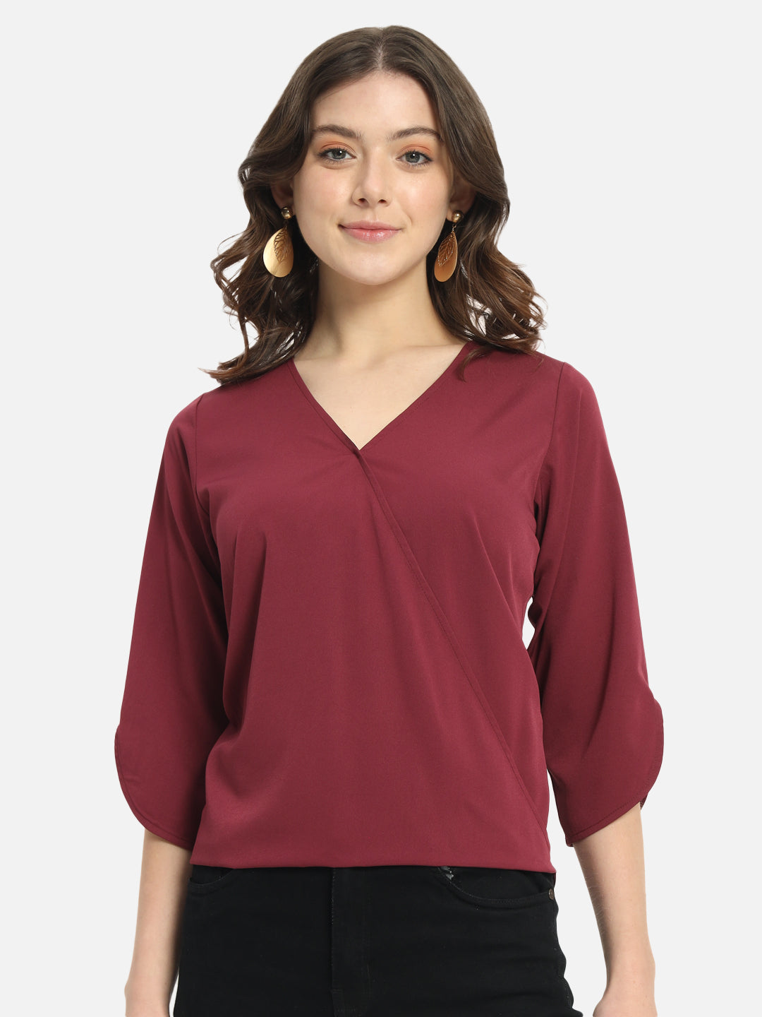 Solid Maroon V-Neck Top for Women