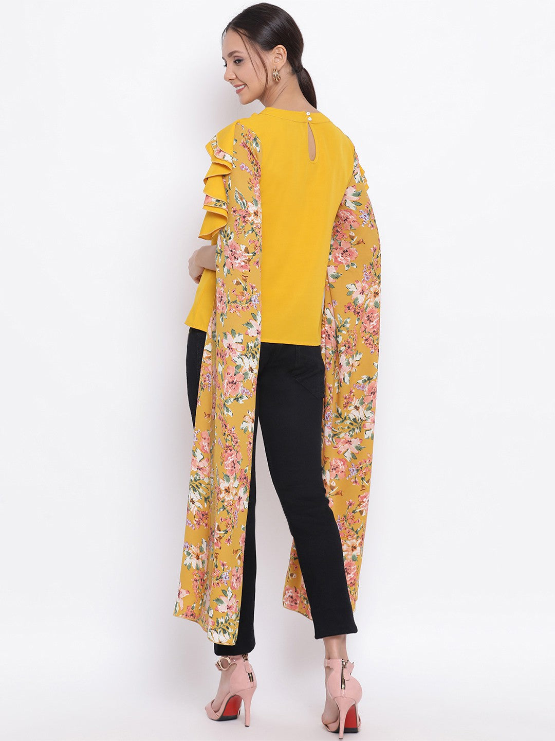 Yellow Long Floral Cut-out Sleeve Top for Women