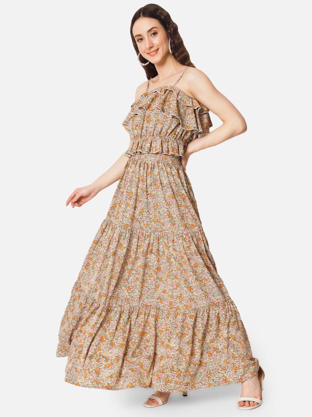 Floral Beige Ankle Length Skirt for Women