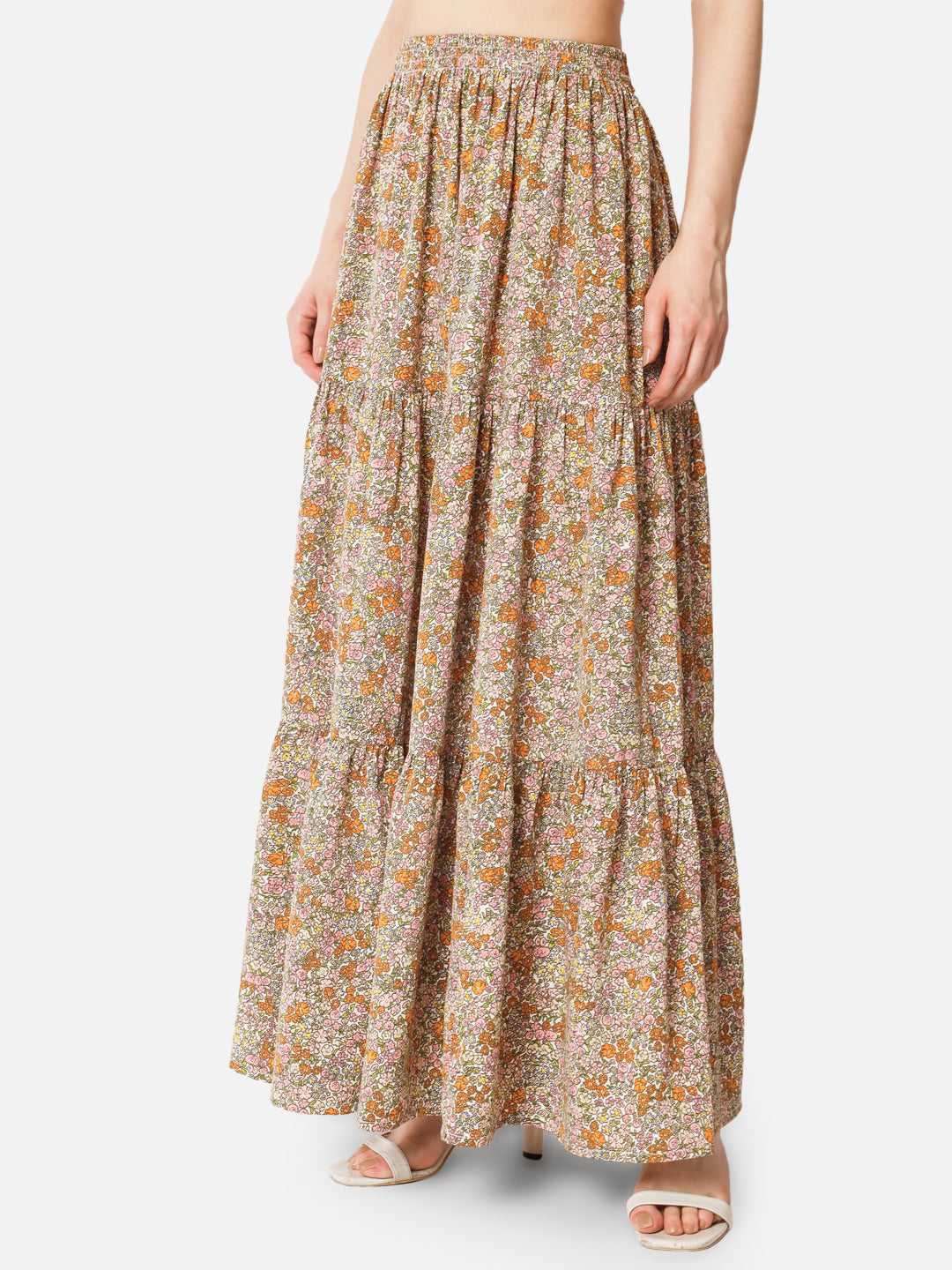 Floral Beige Ankle Length Skirt for Women