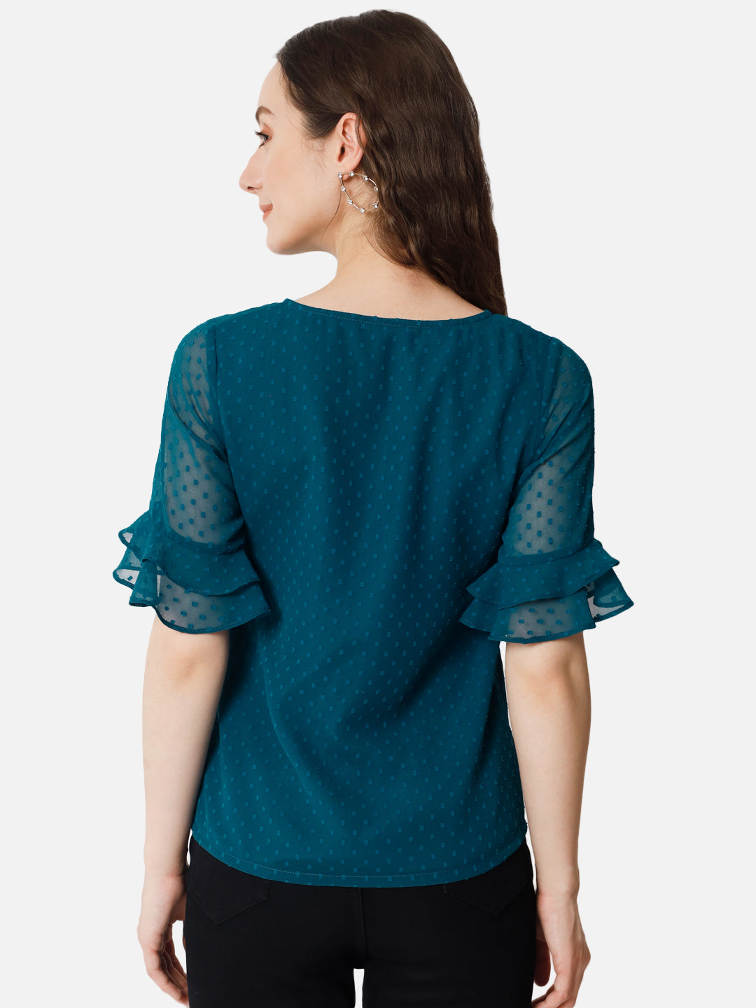 Teal Blue Swiss Dot Keyhole Neck Top for Women