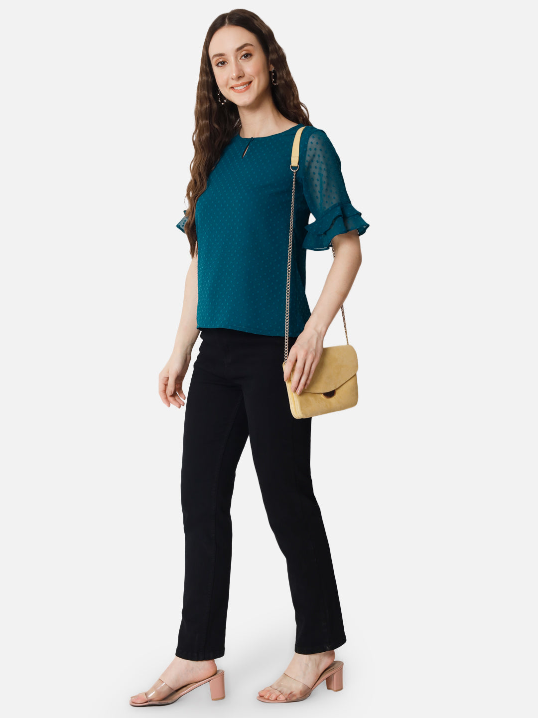 Teal Blue Swiss Dot Keyhole Neck Top for Women