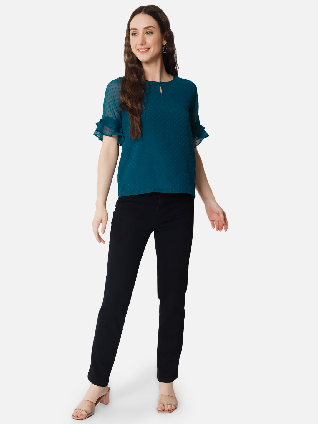 Teal Blue Swiss Dot Keyhole Neck Top for Women