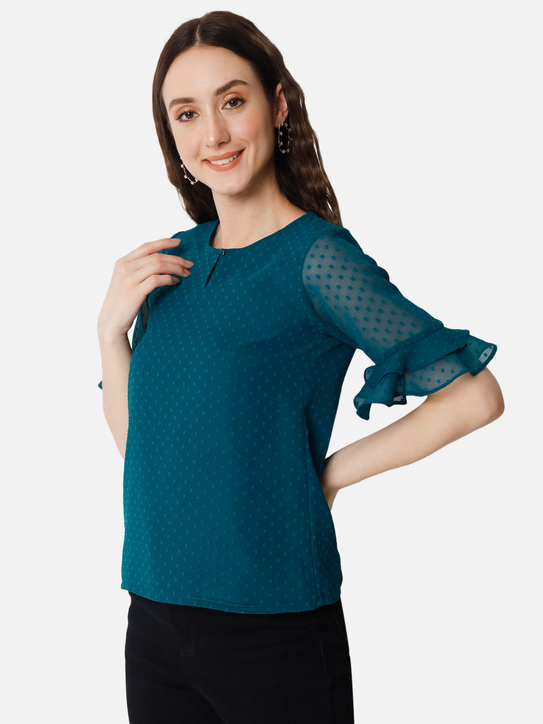 Teal Blue Swiss Dot Keyhole Neck Top for Women