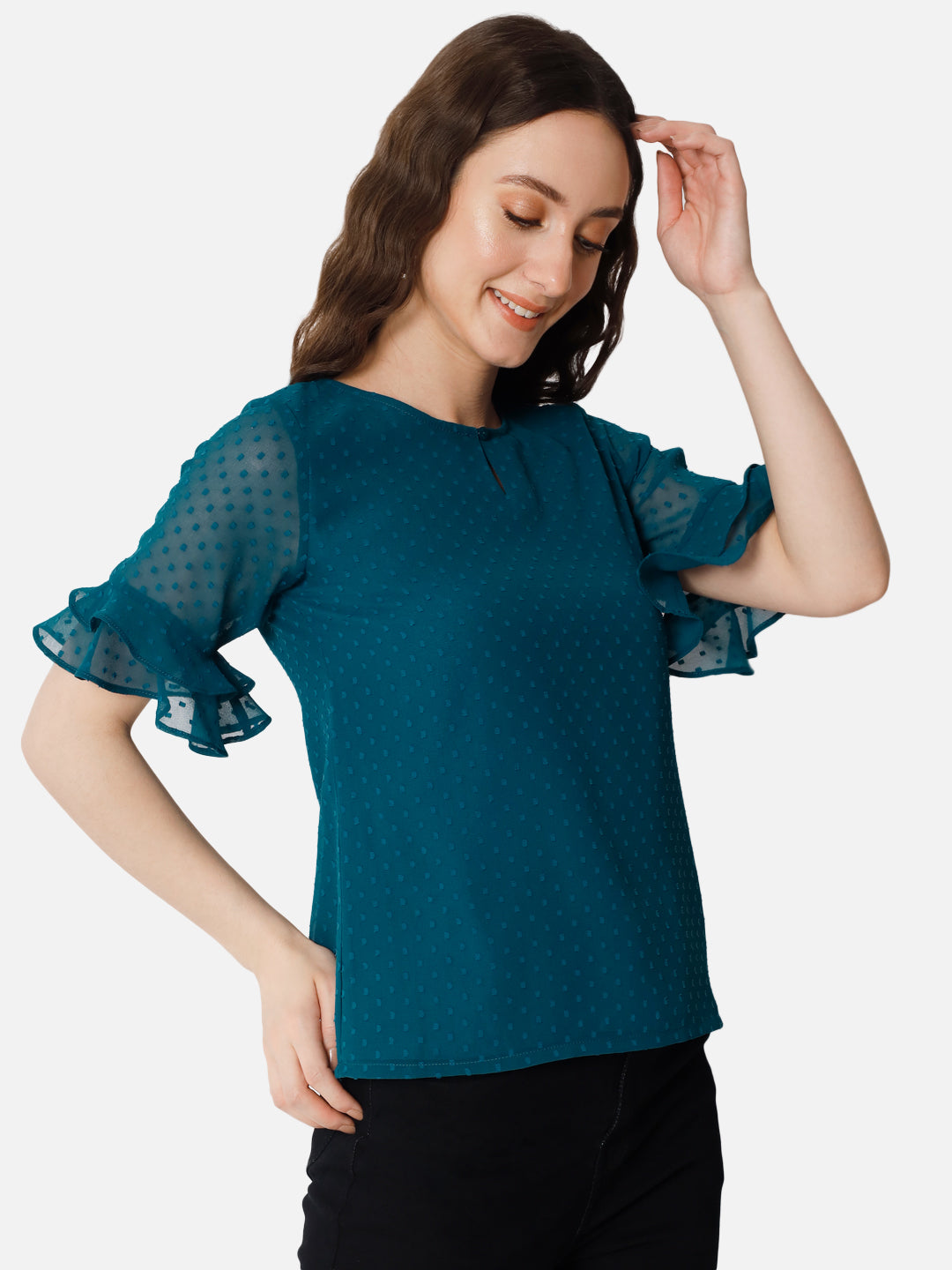 Teal Blue Swiss Dot Keyhole Neck Top for Women