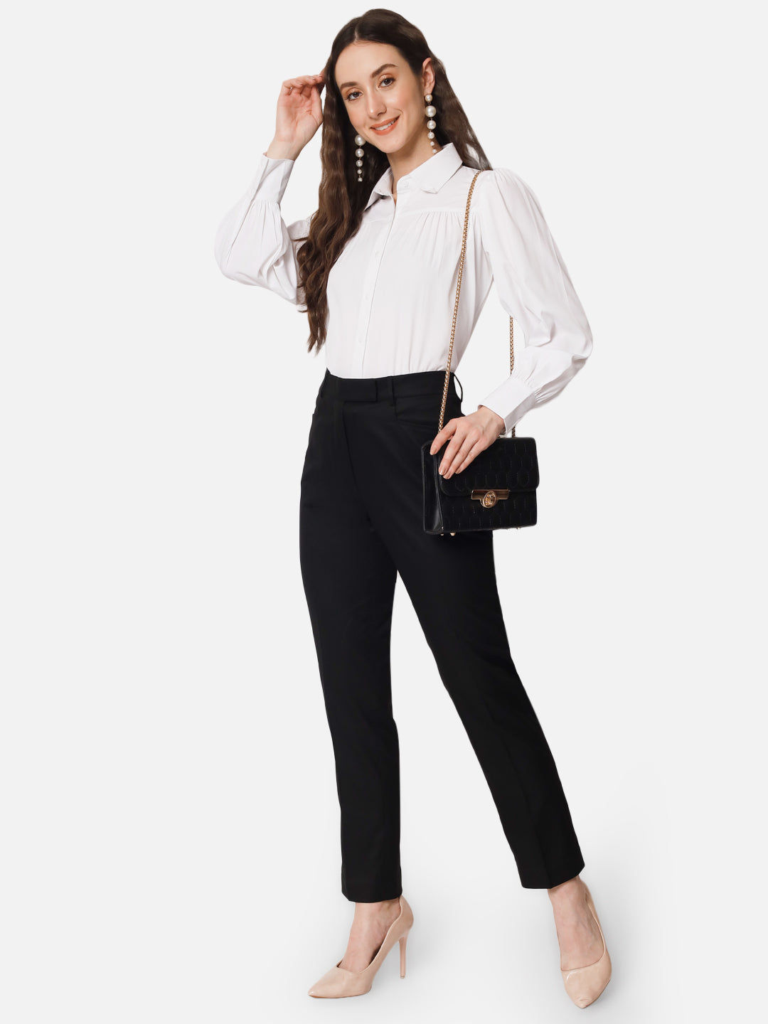 Solid White Full Cuff Sleeve Shirt for Women
