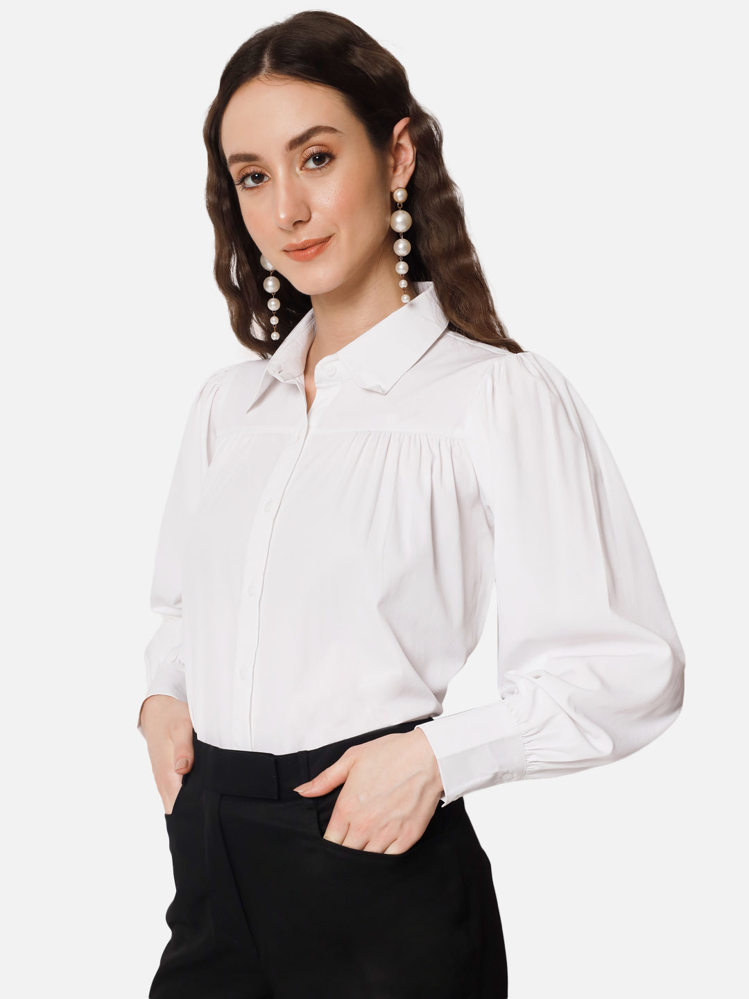 Solid White Full Cuff Sleeve Shirt for Women