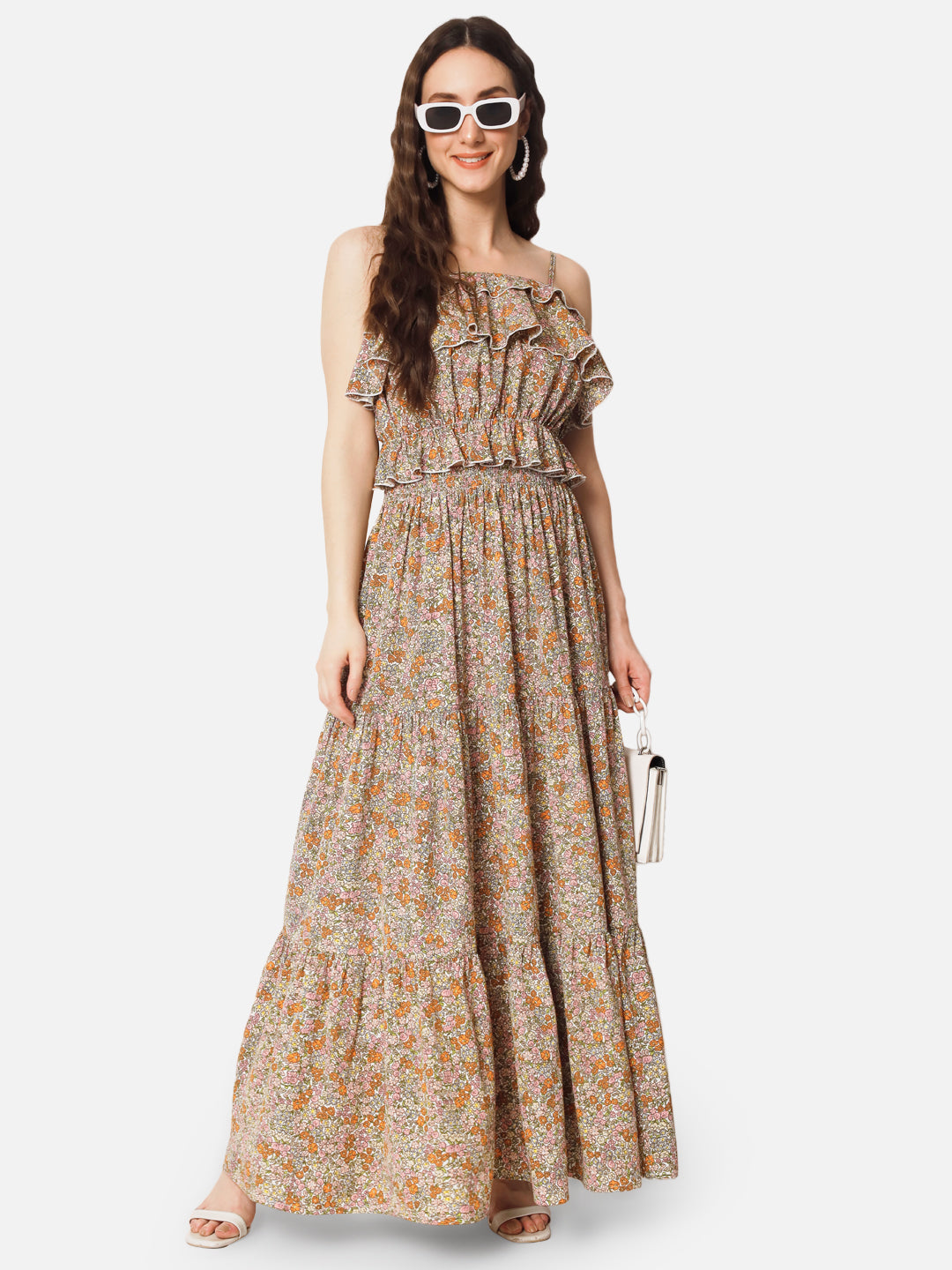Beige Floral Spaghetti Neck Crop Top for Women