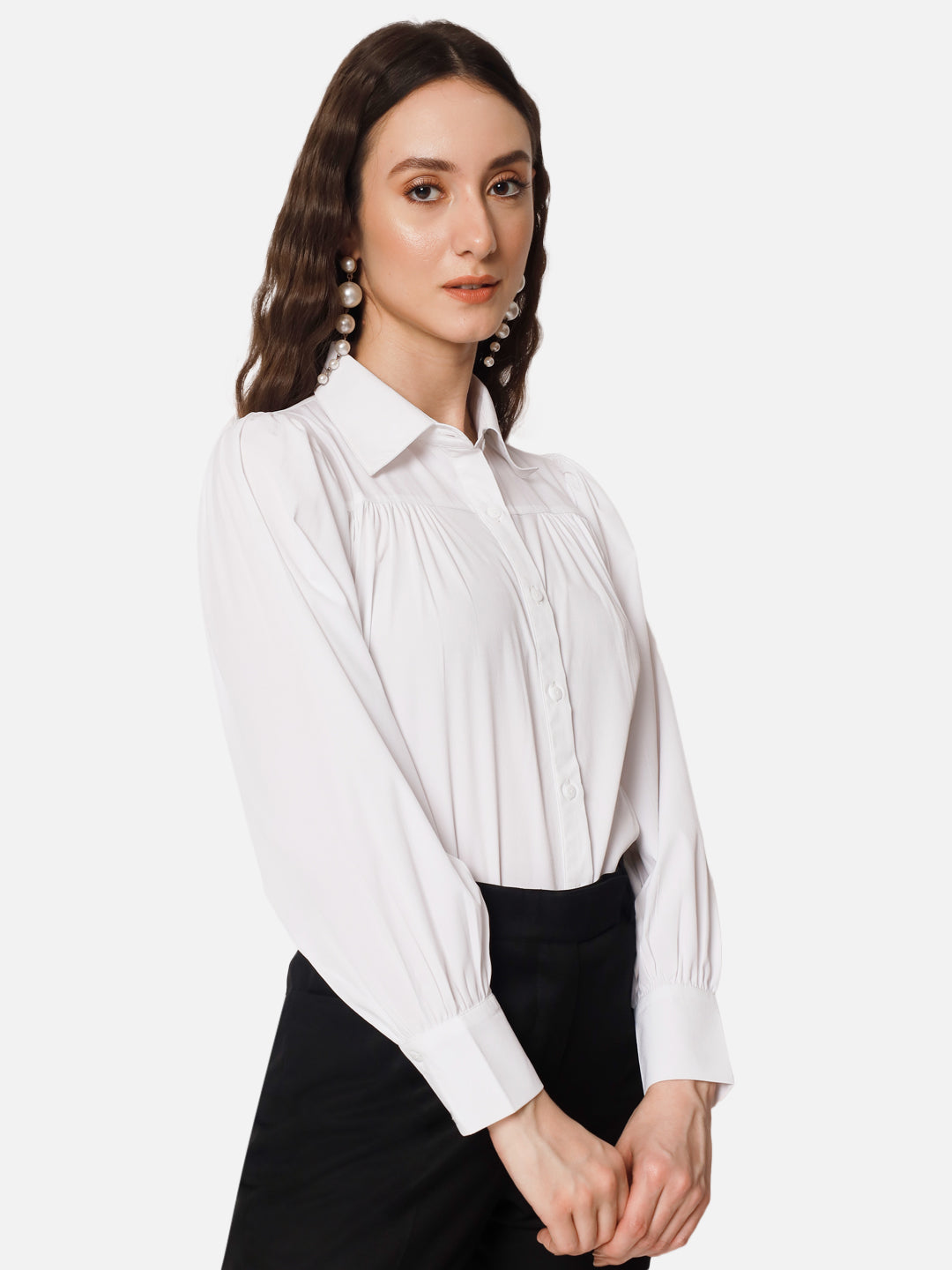 Solid White Full Cuff Sleeve Shirt for Women