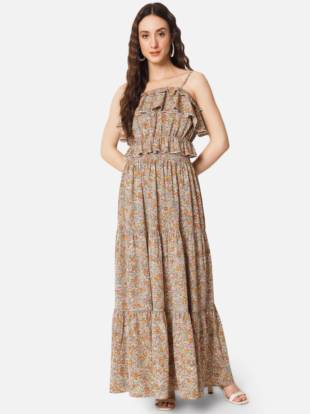 Beige Floral Spaghetti Neck Crop Top for Women